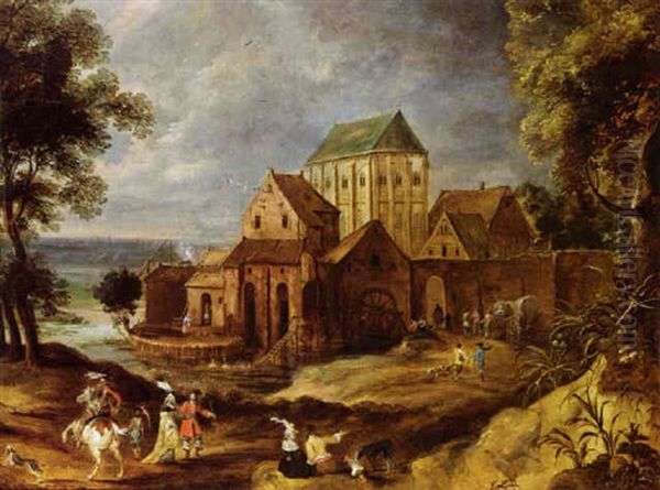 A Landscape With A Falcon Hunting Party Returning Outside The Walls Of A Town Oil Painting by Pieter Meulener