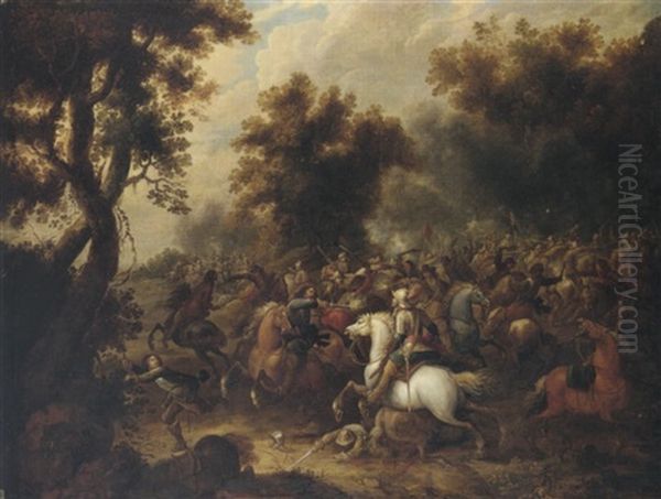 A Cavalry Engagement At The Edge Of A Wood Oil Painting by Pieter Meulener