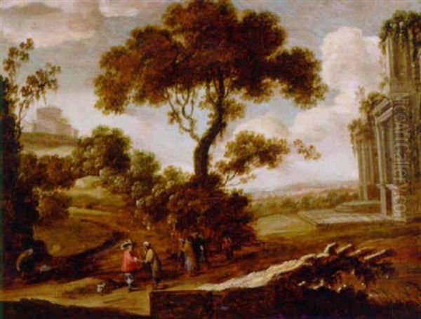 A Gypsy Reading A Traveller's Fortune In A Landscape Oil Painting by Pieter Meulener