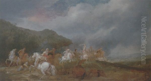 A Cavalry Engagement Upon A Hillside Overlooking A Town Oil Painting by Pieter Meulener