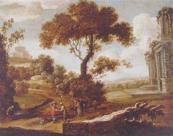 A Landscape With A Gypsy Reading A Gentleman's Fortune Oil Painting by Pieter Meulener