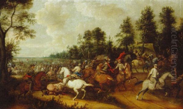 A Cavalry Engagement On A Road Oil Painting by Pieter Meulener