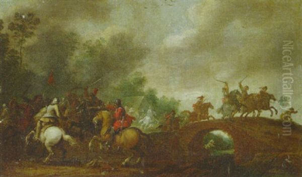 A Calvary Skirmish On The Outskirts Of A Wood By A Bridge Oil Painting by Pieter Meulener