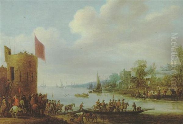 Fluslandschaft Mit Einer Fahre, Einem Turm Und Vielen Figuren Oil Painting by Pieter Meulener