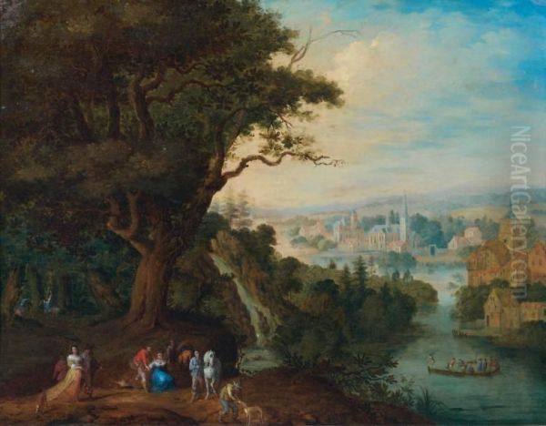 Paysage Fluvial Anime De Personnages Oil Painting by Balthasar Beschey