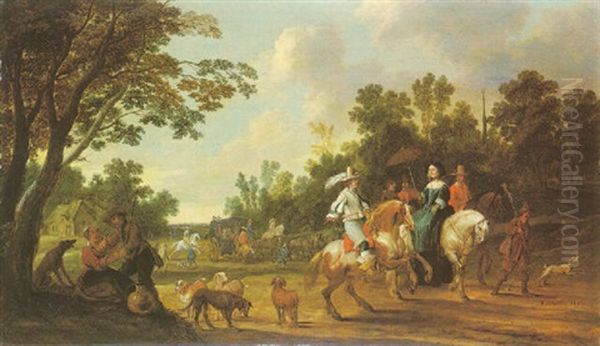 Landscape With Elegant Figures Riding, A Coach Party Beyond Oil Painting by Pieter Meulener