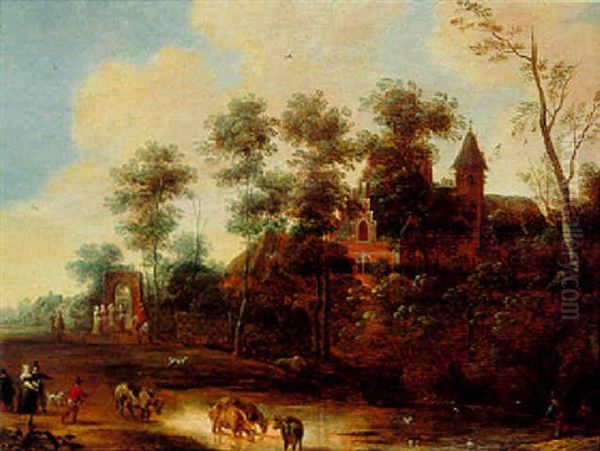 Elegant Figures, Herdsmen And Their Cattle Near A Pond Oil Painting by Pieter Meulener