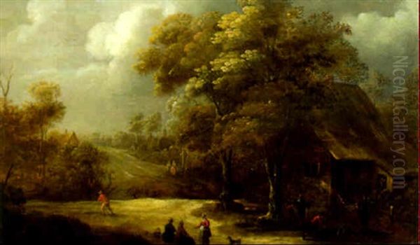 A Landscape With Peasants Playing Skittles Outside An Inn And Women Conversing On A Track Oil Painting by Pieter Meulener