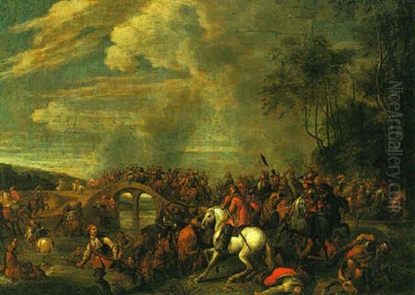 A Cavalry Engagement Beside A River Oil Painting by Pieter Meulener