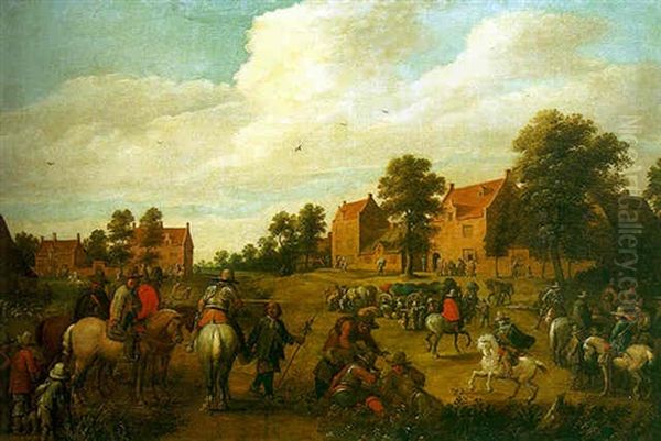 A Military Encampment By A Village Oil Painting by Pieter Meulener