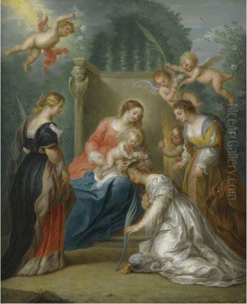 The Virgin And Child With Saints Margaret Of Antioch, Catherineof Alexandria And Elizabeth Of Hungary Oil Painting by Jacob Andries Beschey