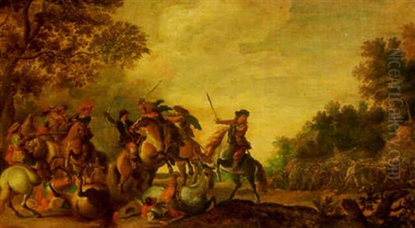 A Cavalry Engagement Oil Painting by Pieter Meulener