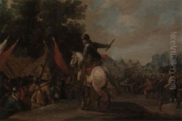 A Battle Scene With A Mounted Officer Directing His Troops Into Battle Oil Painting by Pieter Meulener