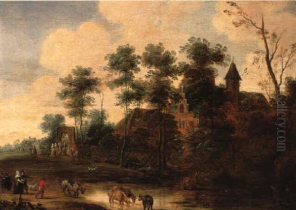 Elegant Company Near Gate Of Country Mansion Oil Painting by Pieter Meulener