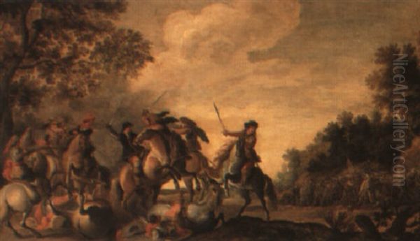 A Cavalry Engagement Oil Painting by Pieter Meulener