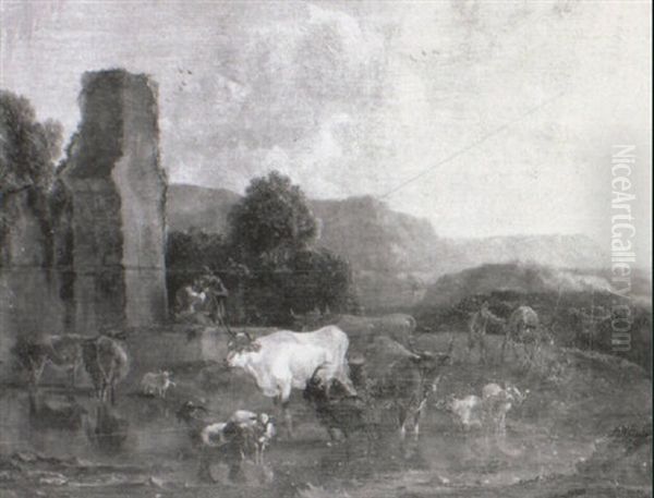 Figures And Farm Animals By Ruins In The Roman Campagna Oil Painting by Pieter Meulener