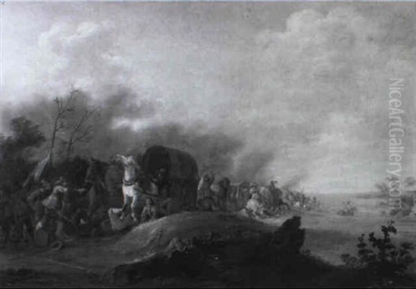 Bandits Attacking A Convoy By A River Oil Painting by Pieter Meulener