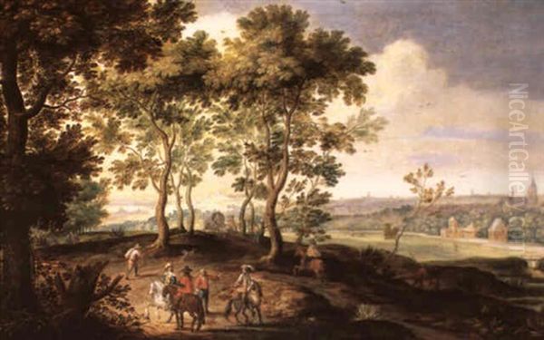 Reiter Und Reisende In Einer Bewaldeten Landschaft Oil Painting by Pieter Meulener