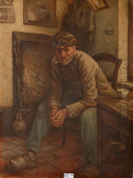 Paysan Fumant La Pipe Dans Un Interieur Oil Painting by Constantin Meunier