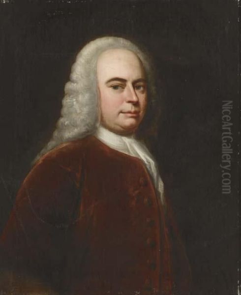 Portrait Of A Gentleman, Traditionally Identified As George Frederic Handel, Three-quarter-length, In A Red Velvet Jacket Oil Painting by Jan Frans Beschey