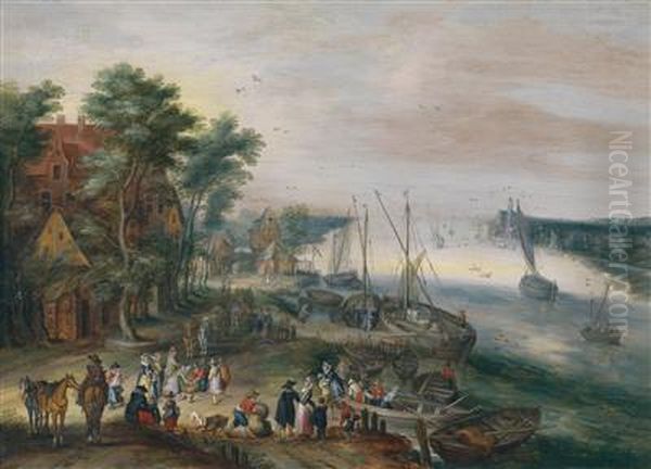 Landscape With Many Figures On The Left Bank Of A River Oil Painting by Karel Beschey