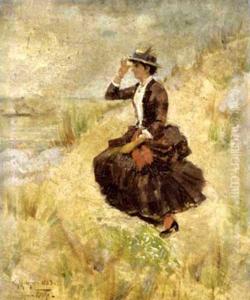 Dame In De Duinen, Kijkend Naar De Zee Oil Painting by Karl Meunier