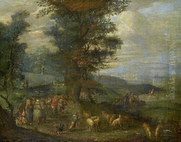 Sheep And Peasants In A Landscape Oil Painting by Karel Beschey