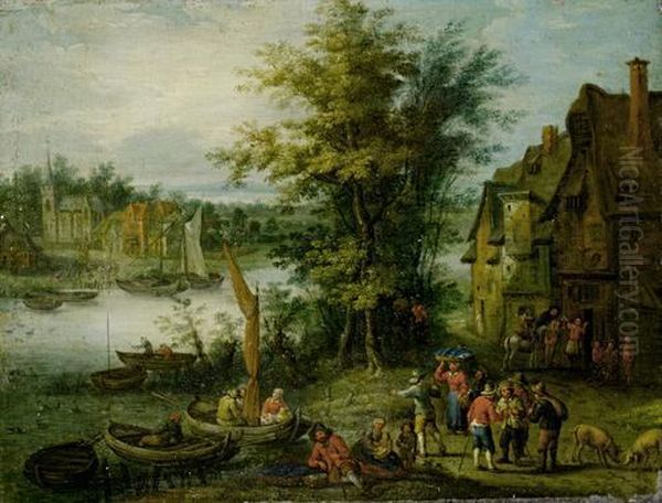 Peasants Crossing A River On Barges, Before Anopen Landscape Oil Painting by Karel Beschey