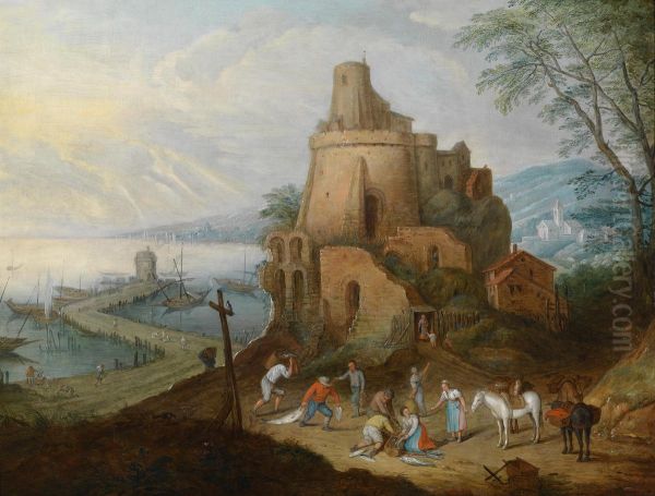 Coastallandscape With A Fishmonger In Front Of A Tower Oil Painting by Karel Beschey