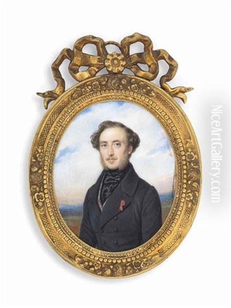 A Gentleman, In Black Double-breasted Coat, Patterned Waistcoat And Black Silk Cravat, Wearing The Royal French Order Of The Legion Of Honour; Landscape Background Oil Painting by Francois Meuret