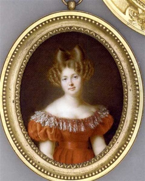 Sarah De Prou (nee De Maisonfort), In Orange-red Dress With Deep Lace Border, Her Light Brown Hair Curled And Dressed In An Apollo Knot Oil Painting by Francois Meuret