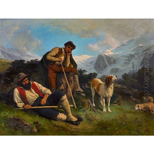 Ruhende Hirten Vor Piz Bernina Und Morteratschgletscher Oil Painting by Albert De Meuron