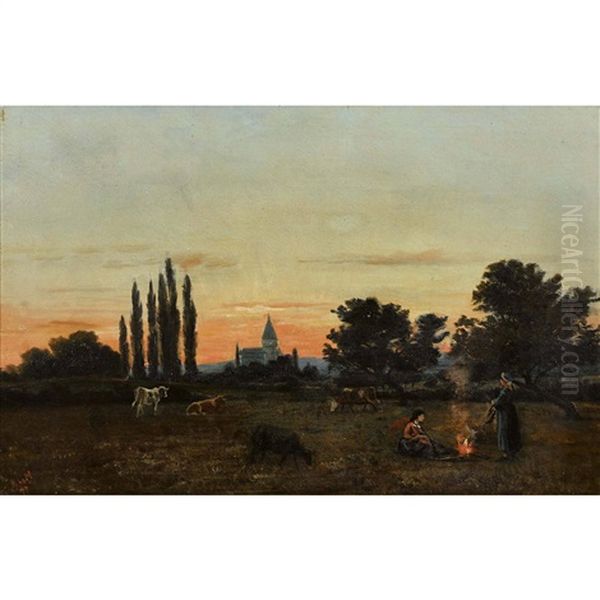 Landschaft Im Abendrot Mit Bauerinnen Am Lagerfeuer Oil Painting by Albert De Meuron