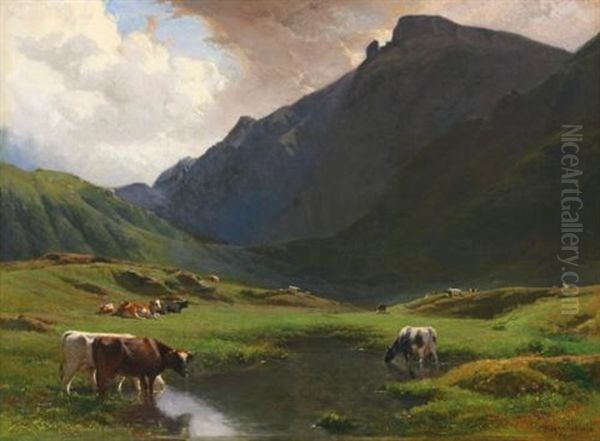 Paysage Alpin Avec Des Vaches Et Des Chevres (alpine Landscape With Cows And Goats) Oil Painting by Albert De Meuron