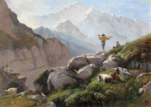 Alpine Landscape With Hikers And Mountain Goats Oil Painting by Albert De Meuron