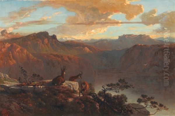 Alpseepanorama In Der Morgendammerung Mit Gemsen Oil Painting by Albert De Meuron