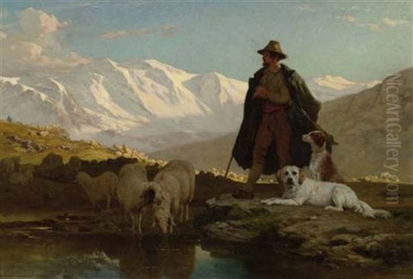 Hirte In Landschaft Oil Painting by Albert De Meuron