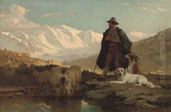 A Shepherd In The Swiss Alps Oil Painting by Albert De Meuron