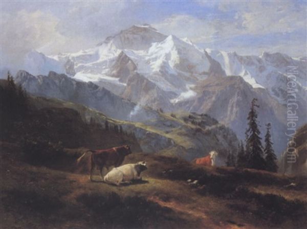 Vaches A L'alpage Oil Painting by Albert De Meuron