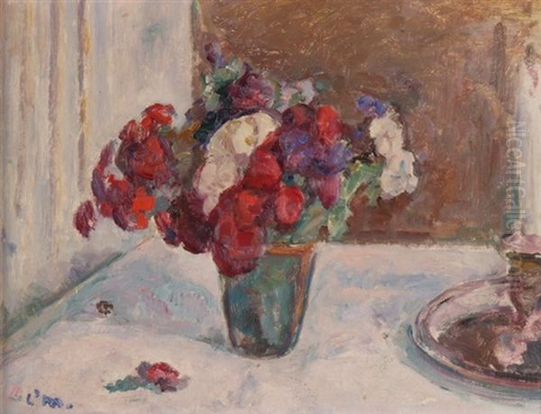 Blumenvase Auf Weiss Gedecktem Tisch Oil Painting by Louis Henri de Meuron