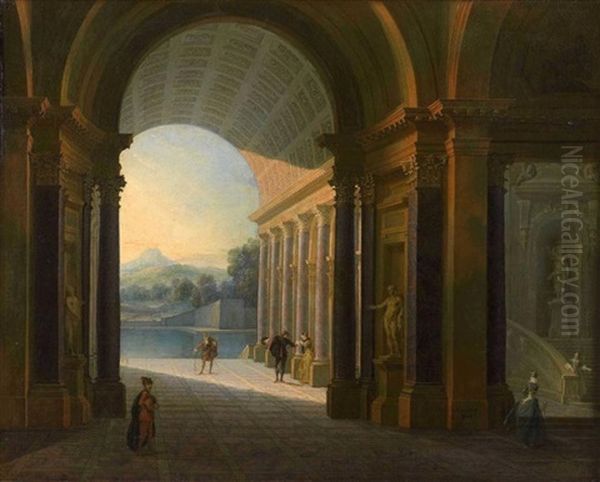 Elegantes Et Courtisans Dans Un Palais Architecture Oil Painting by Philippe Meusnier