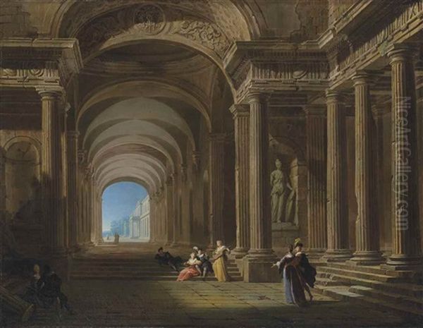 Elegant Figures In A Classical Arcade Oil Painting by Philippe Meusnier