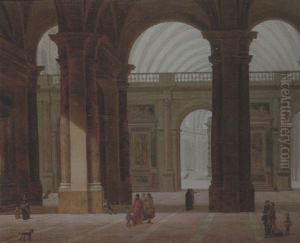 An Architectural Capriccio Of A Cathedral Oil Painting by Philippe Meusnier