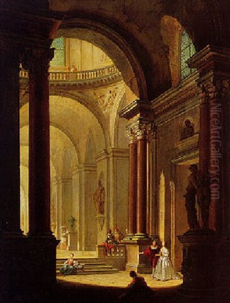 Elegant Figures In The Interior Of A Palace Oil Painting by Philippe Meusnier