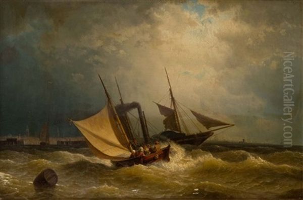 A Paddle Packet And A Hoy Off Amsterdam Oil Painting by Hermann Mevius