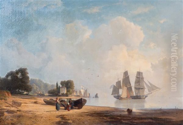 Low Tide At The Elbe, With A Threemaster Under American Flag Oil Painting by Hermann Mevius