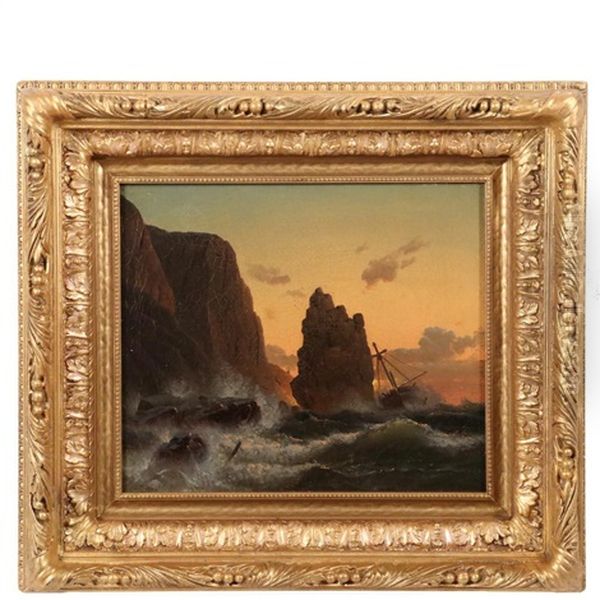 Shipwreck On Rocky Coast At Dusk Oil Painting by Hermann Mevius