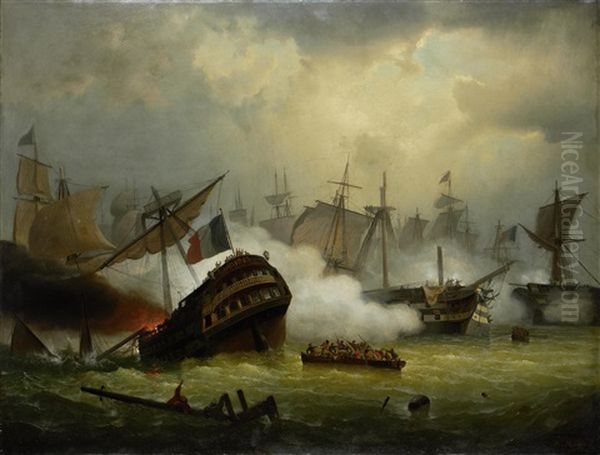 Naval Battle Oil Painting by Hermann Mevius