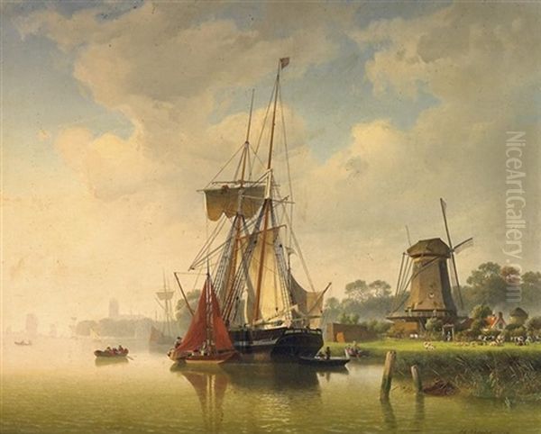 Im Kanal Vor Dordrecht Oil Painting by Hermann Mevius