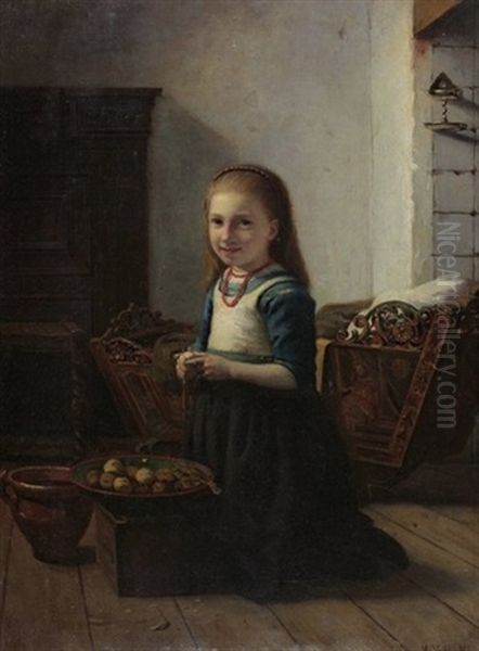 Interieur Mit Madchen Beim Kartoffelschalen Oil Painting by Jacob Isaac Meyer de Haan